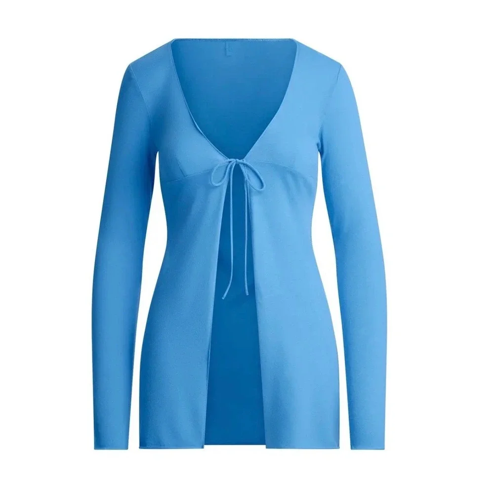 SKIMS‎ Cotton Jersey Cover-Ups Tie Front Long Sleeve Top Tide Blue 3X